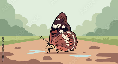A stylized butterfly with brown and white wings rests near puddles on a path