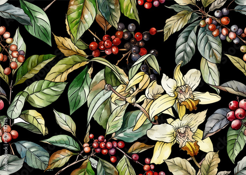 Coffee and vanilla botanical pattern. Decorative illustration with coffee plant, berries, beans and vanilla orchids for textile, wallpaper, kitchen, culinary, beverage and bakery design.