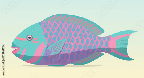 A stylized, colorful parrotfish with blue and pink scales