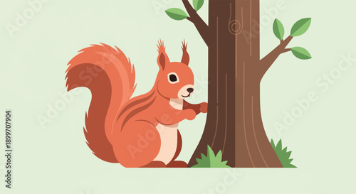 A playful red squirrel clings to the side of a textured brown tree trunk