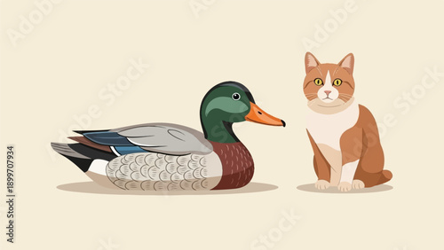 A stylized duck rests beside a ginger and white cat on a plain background
