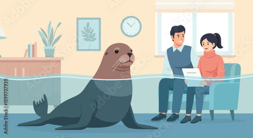 A playful seal is in a room with two people, suggesting an unusual therapy session