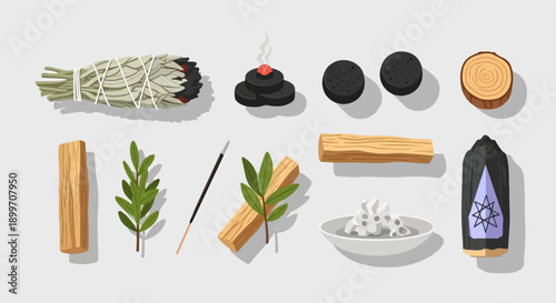 Assortment of spiritual cleansing and smudging items arranged on a plain background