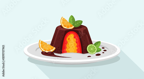 Chocolate dessert with molten lava center, garnished with citrus slices and mint