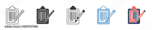 Modern vector icon set showcasing a clipboard with a document and a writing pencil, perfect for representing task management, note-taking, planning, and administrative efficiency