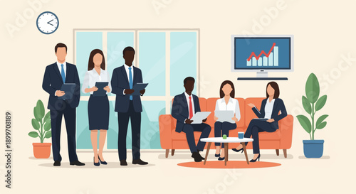 Business professionals in a meeting room, discussing plans with a screen displaying growth