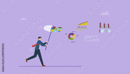 Businessman catch data graph and chart with butterfly net. Collect data, statistics or datum diagram, information, research and analysis info, data consolidation, clensing or big data process.