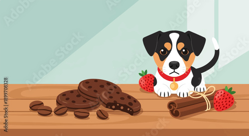 A playful puppy sits beside delicious treats and fresh strawberries on a wooden surface