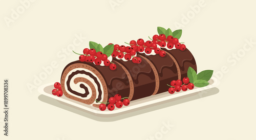 Chocolate swiss roll cake decorated with red currants and whipped cream