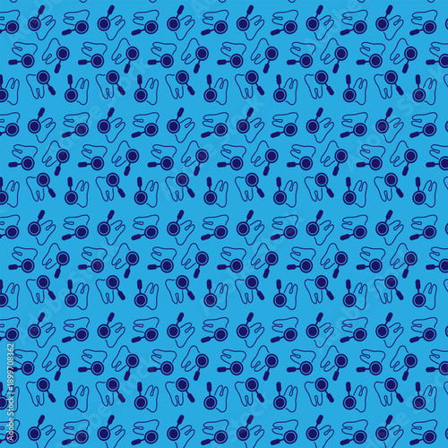 Abstract seamless dental pattern with teeth and examination tools for oral care, hygiene, and dentistry clinic backgrounds. Minimalist clean design.