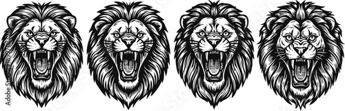 four roaring lion head illustrations with detailed manes in black and white design