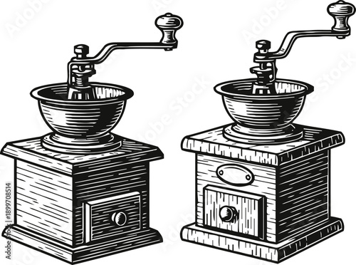 Vintage manual coffee grinders set with wooden base and crank handle, black and white illustration
