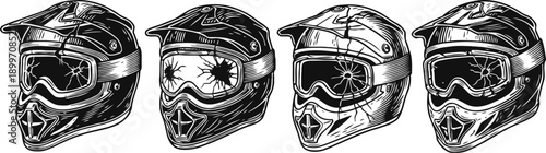 set of vintage motocross helmets with scratched and cracked visors in hand drawn monochrome