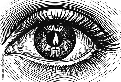 Detailed black and white eye illustration with eye shaped candle flame in pupil, surreal and symbolic artwork