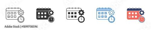 Calendar icon set with clock and gear, illustrating event scheduling, time management, and custom settings. Ideal for digital applications and planning tools