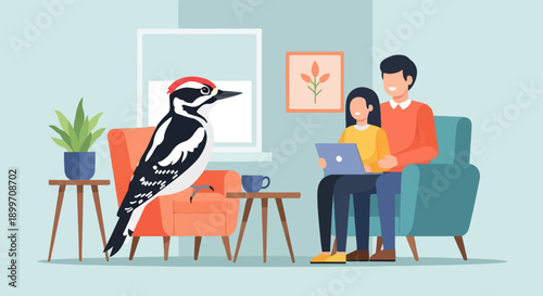 A woodpecker perches near a couple using a laptop in a living room