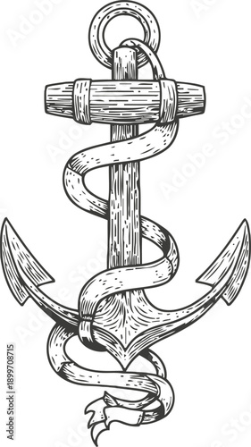 vintage nautical anchor with twisted rope detailed engraving illustration