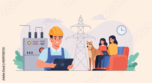 An electrician checks equipment near a power tower and two women with a dog