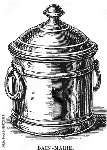 antique bain marie vessel with lid and handles, vintage kitchen cookware illustration