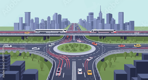 Busy city highway interchange with traffic flow and urban skyline
