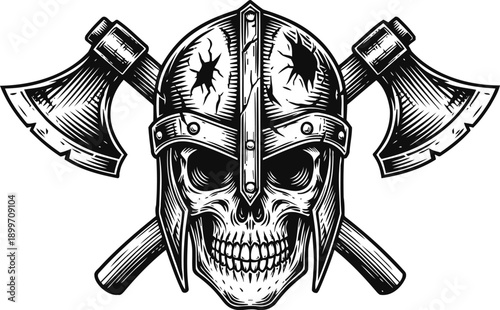 Viking skull wearing battle helmet with two crossed axes black and white illustration