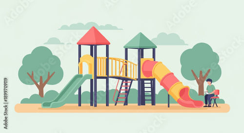 A vibrant playground scene with a young person engaged with a tablet