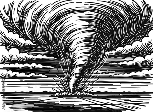 tornado swirling over flat landscape with dynamic sky clouds and strong wind patterns