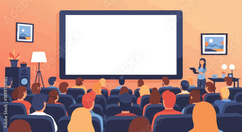 Audience watches presentation on large screen in a dimly lit room