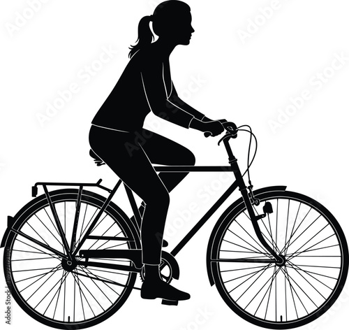 Black silhouette of female cyclist riding a city bike, woman bicycle commuter with ponytail on cruiser bicycle for urban transportation and outdoor healthy fitness.