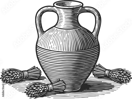 Ancient ceramic amphora with handles surrounded by three sheaves of wheat in vintage engraving