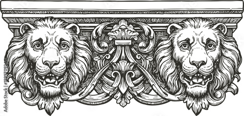 Ornate double lion heads relief with floral and scrollwork decoration in vintage engraved