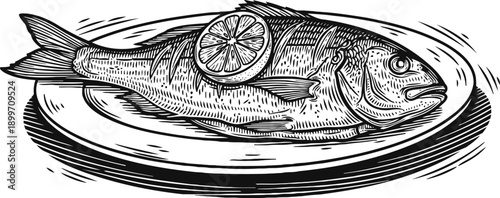 Fresh whole fish served with a lemon slice on a round plate, detailed black and white illustration