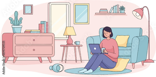 A woman works remotely on a laptop while seated comfortably on the floor next to a sofa