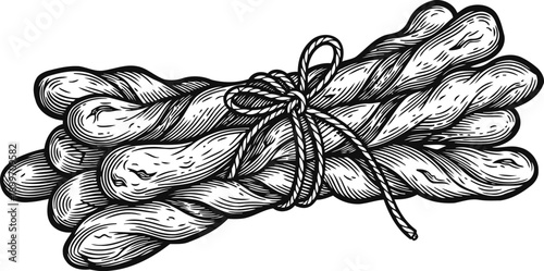 Traditional italian breadsticks tied with string rustic bakery baked goods illustration