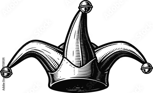 Jester hat with bells vintage black ink drawing of a carnival fool's cap with three points and small jingling bells