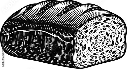 Sliced loaf of bread illustration detailed black and white vintage bakery design fresh baked food