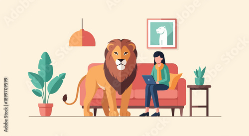 A woman works on her laptop with a lion by her side on a sofa