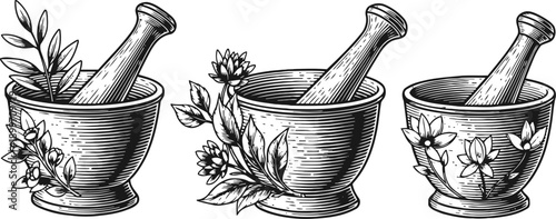 Hand drawn mortar and pestle set with flowers and leaves, vintage herbal medicine illustration