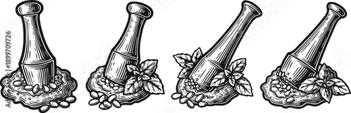 Black and white vintage molcajete illustrations with mortar, pestle, chili, and seasoning herbs