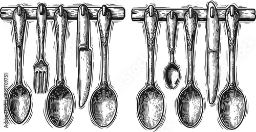 vintage kitchen cutlery hanging on wooden rack with spoons forks and knives detailed engraving