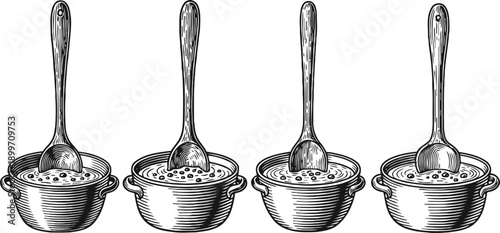 Vintage vintage hand drawn cooking pots with spoons retro kitchen utensils and cookware illustration set
