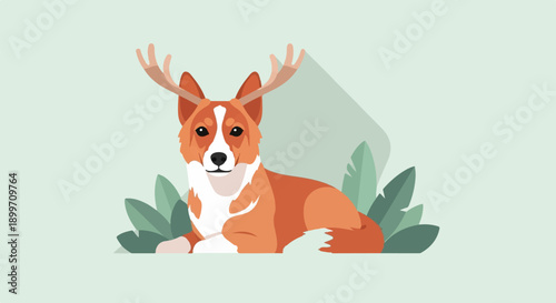 A stylized illustration of a dog with deer antlers and leaves