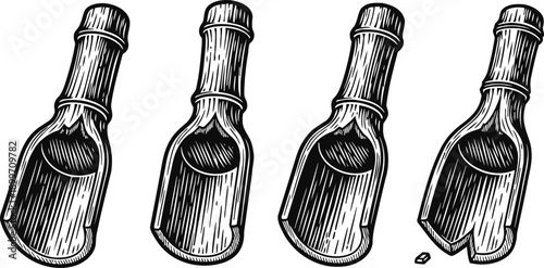 Set of vintage wooden wine bottle stoppers with detailed shading and engraving artwork