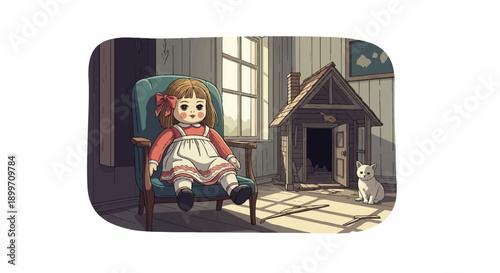 A vintage doll sits in a chair, a cat awaits by a doghouse in a sunlit room