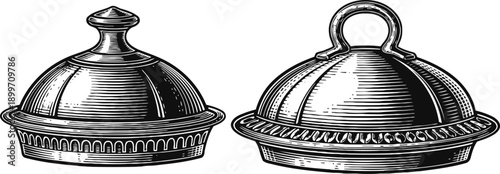 Vintage butter dish covers with ornate details classic kitchenware illustration in black and white engraving