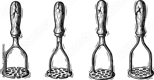 Vintage hand drawn potato mashers set kitchen utensils for mashing vegetables and cooking tools illustration