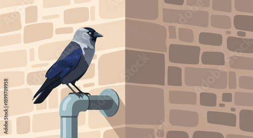 A single bird perched on a pipe against a brick wall backdrop