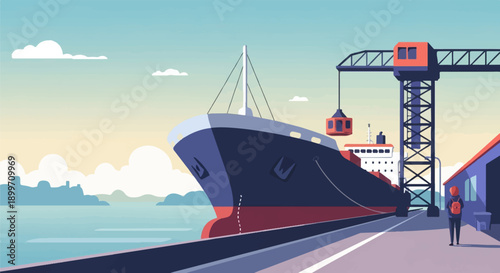 Cargo ship docked at a harbor with a crane and a person