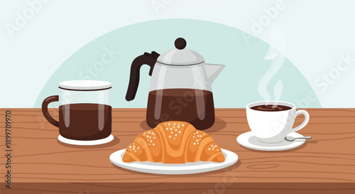 A warm coffee pot, a steaming cup, and a pastry on a wooden table