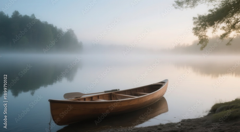Obraz premium Serene misty lake with wooden canoe at sunrise